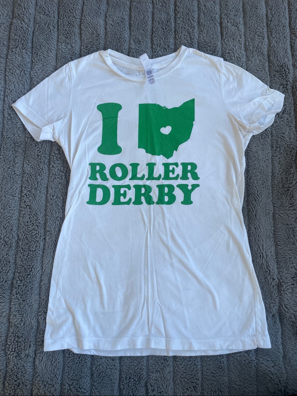 Women’s White T-Shirt with Green "I (Ohio) Roller Derby" Graphic